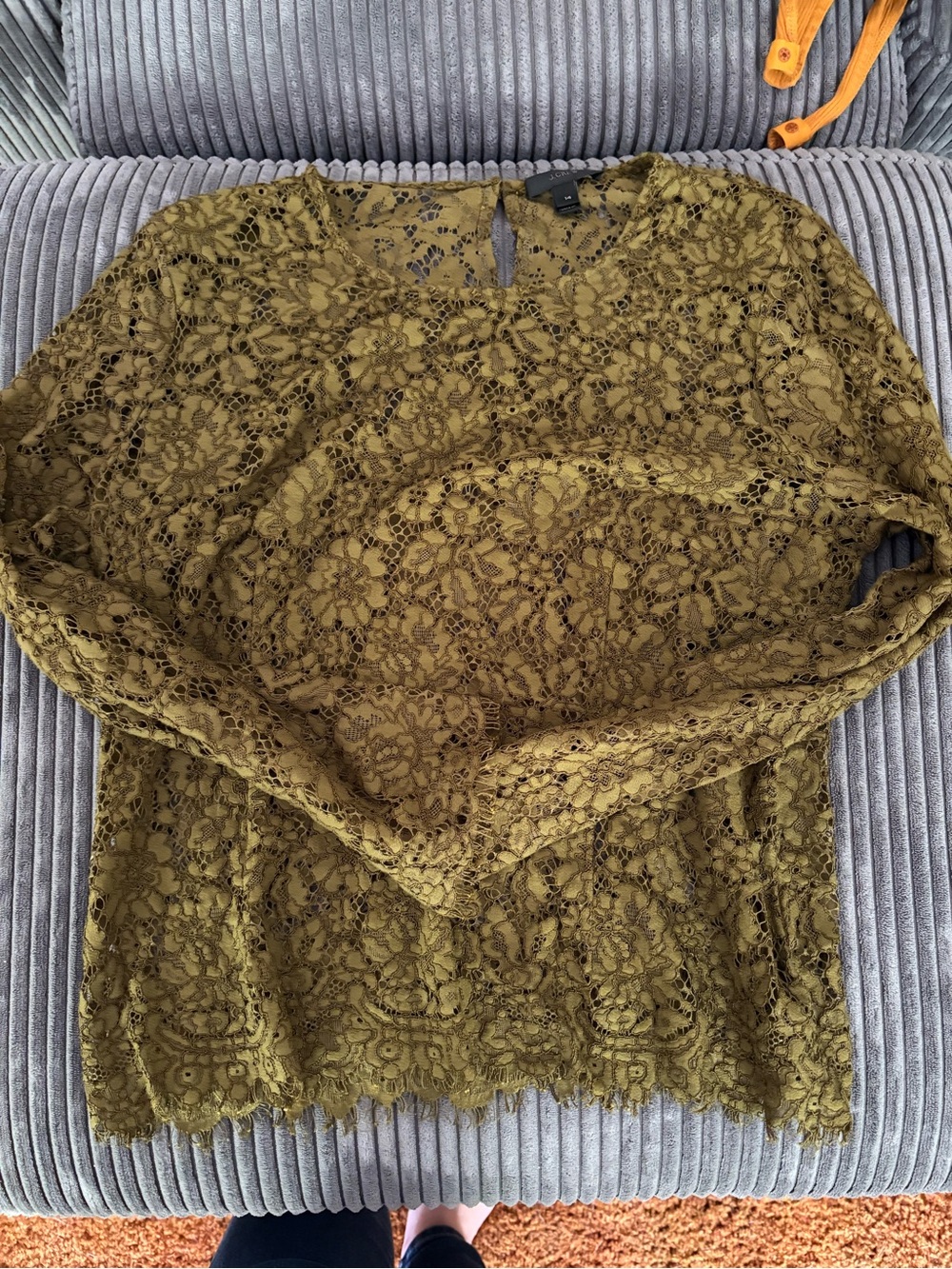 J. Crew sheer Women's Olive Green Lace Long-Sleeve Top